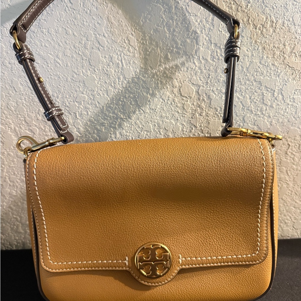 Tory Burch Large Felix Flap Crossbody Handbag Brown Pebbled Leather